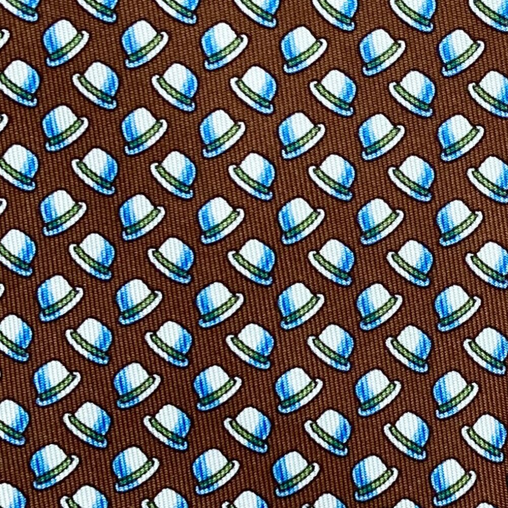 100% REAL HERMES TIE ~ BROWN w WHIMSICAL BLUE & & GREEN DERBY BOWLER HATS XL - Picture 3 of 5